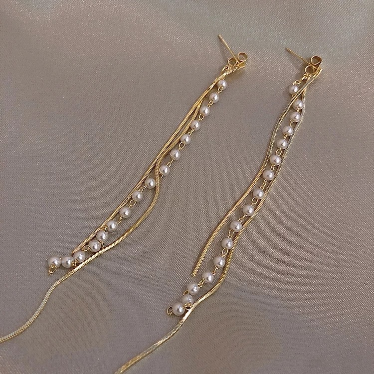 Pearl Beaded Long Tassels Stud Drop Earrings 15$